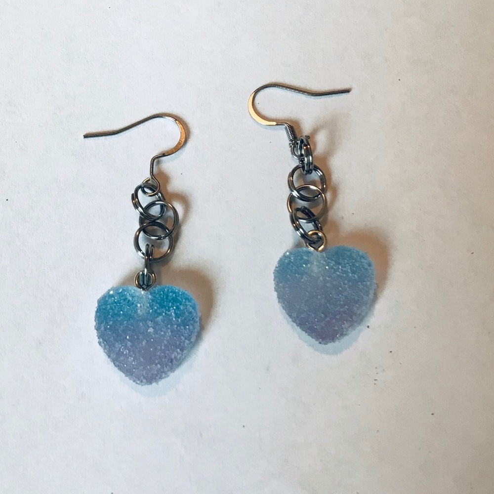 Blue Kawaii Candy Soft Gummy Heart Ombré Handmade Stainless Steel Earrings - Picture 4 of 15